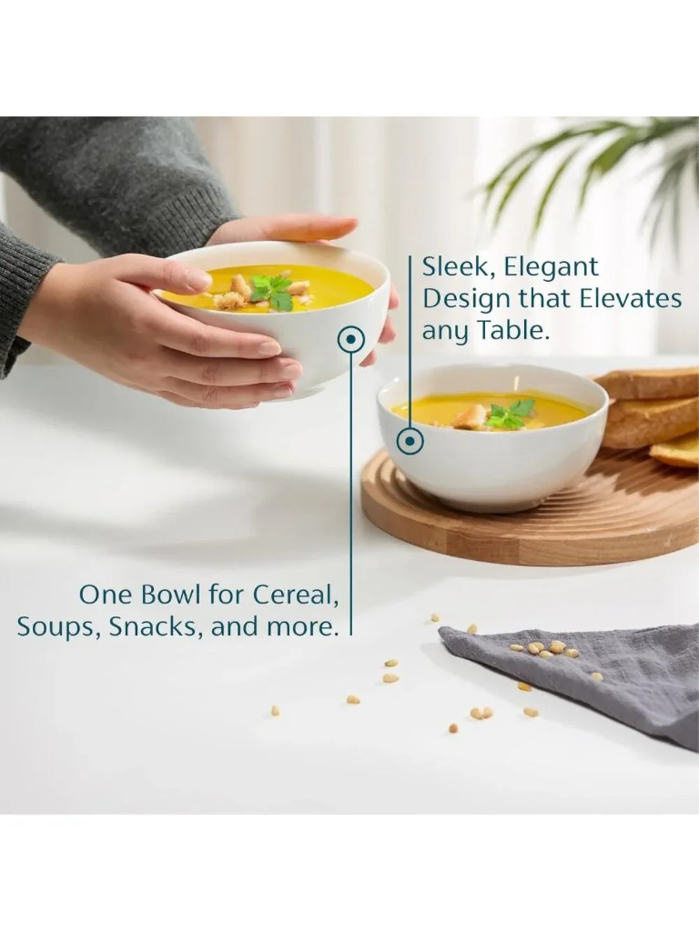 Set of 6 Deep Ceramic Soup Bowls - Microwave & Dishwasher Safe, 24 oz, White